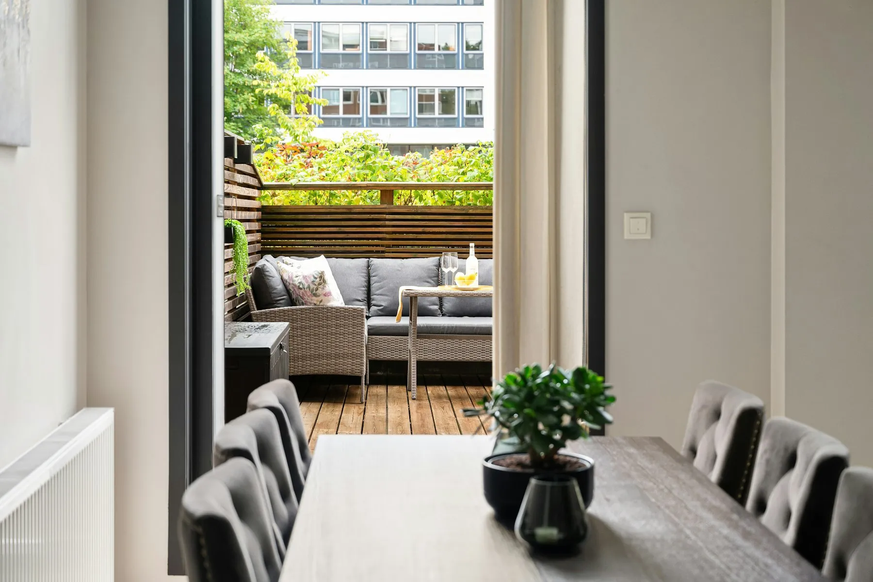 The dining table, with a view through glass doors to the planted terrace