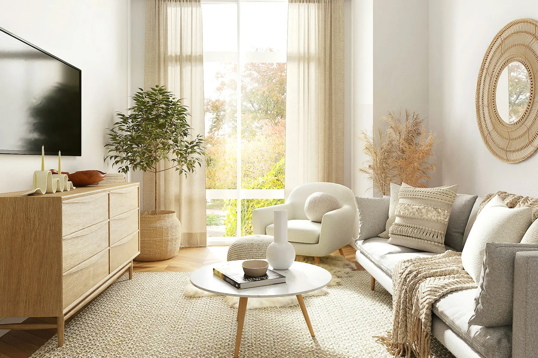 A bright, neutral living room with a cream sofa, an olive tree and sheer curtains
