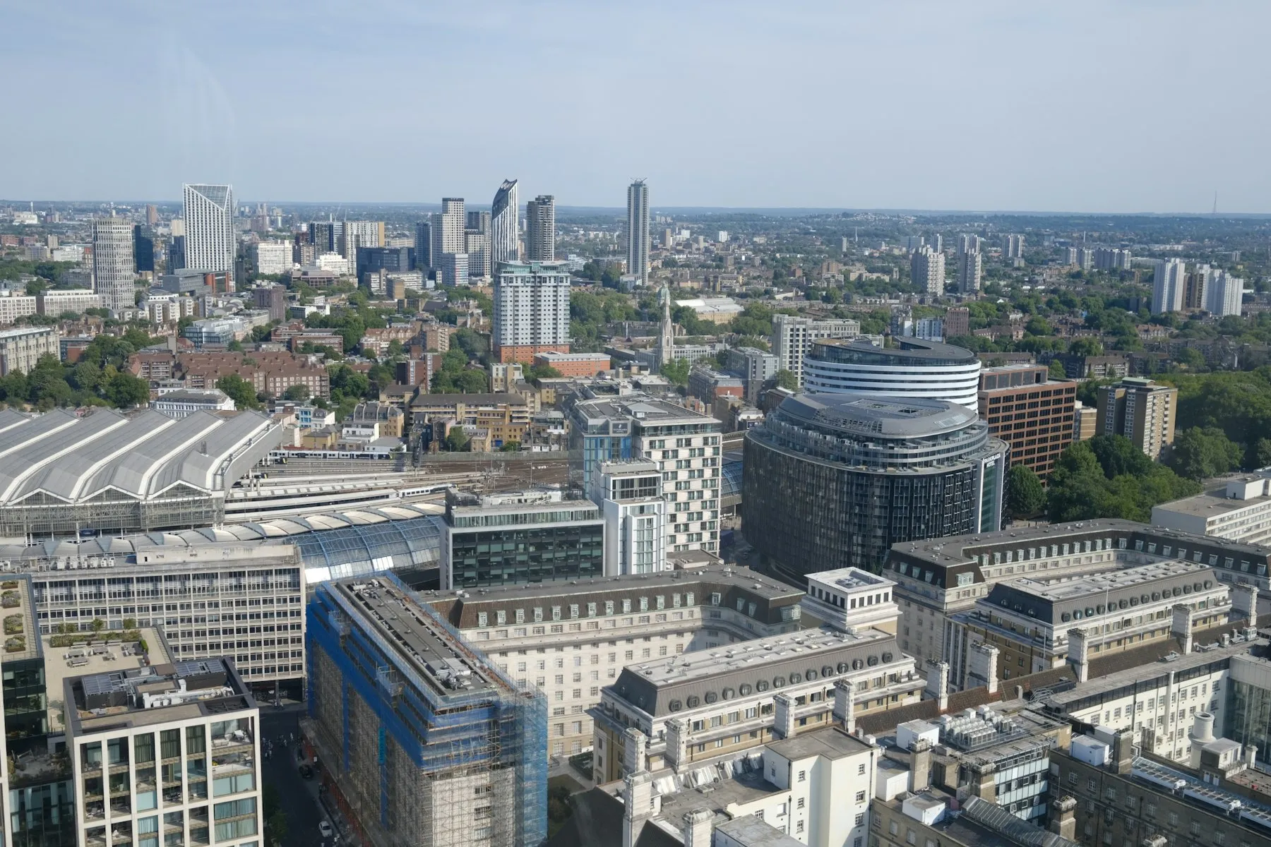 An aerial view across central London rooftops near Waterloo