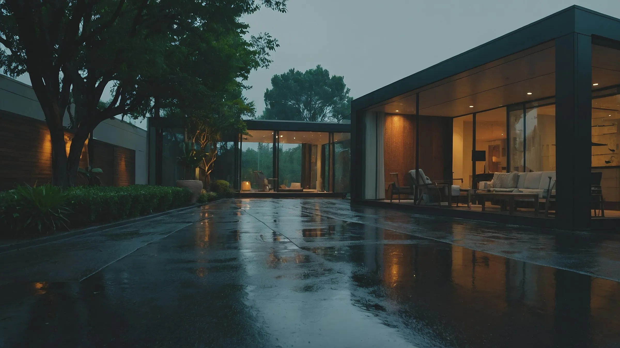 A contemporary house at dusk, its glass walls lit warmly from inside
